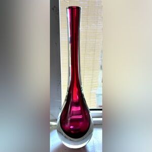 Vintage Murano Italy Sommerso Vase Cranberry Red to Clear 9.25” Tall